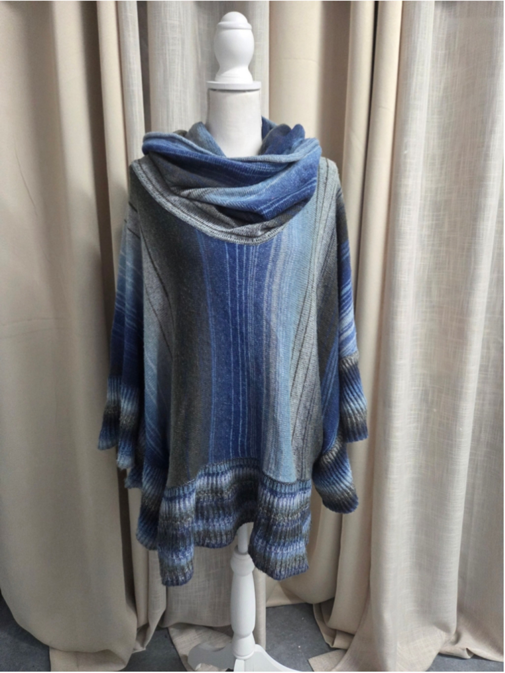 Sioni Blue Sweater Size L Cowl Neck Poncho Serene Cozy